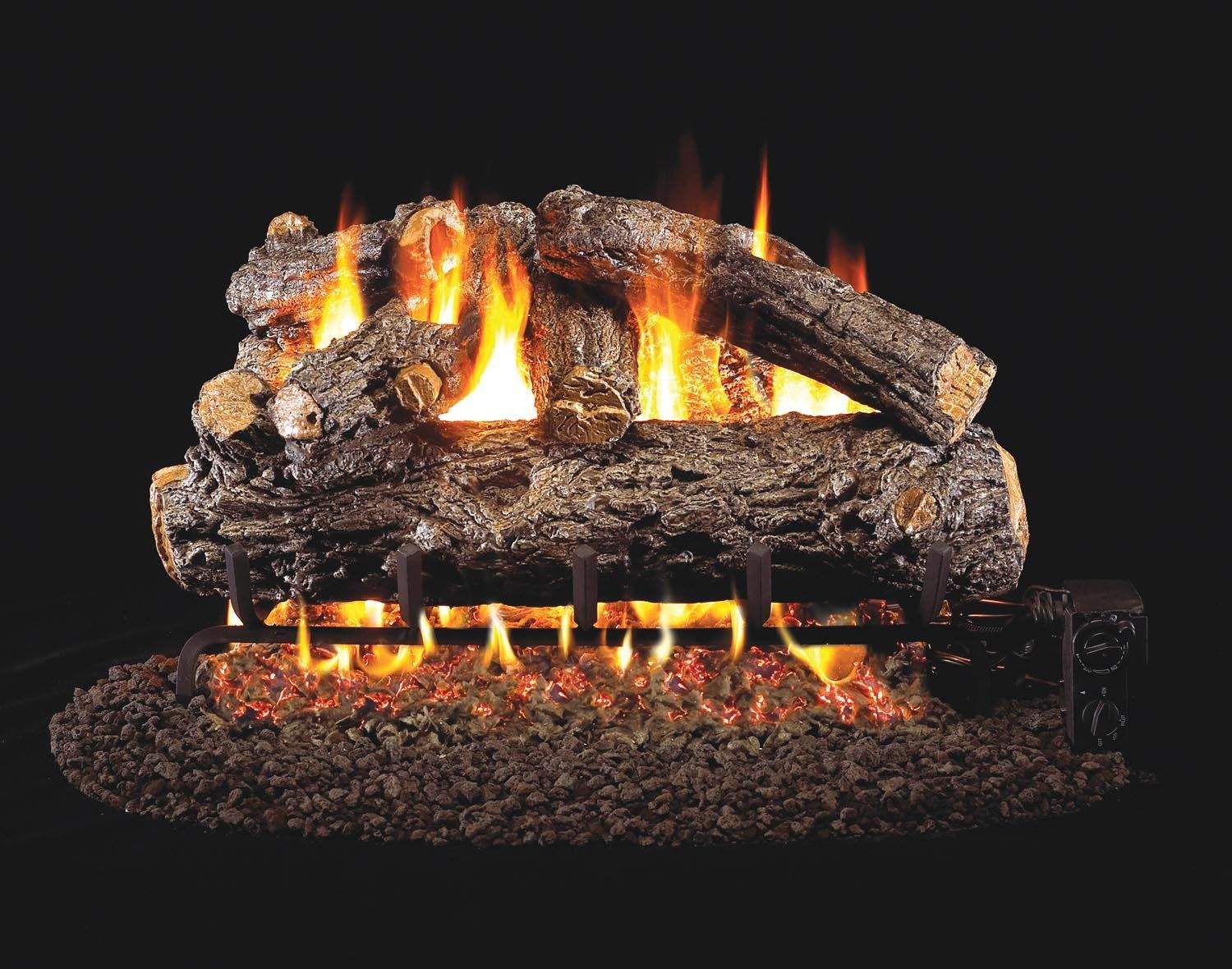 Vented gas log set with rustic oak logs, glowing embers, and visible flames