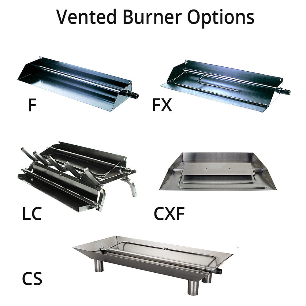 Vented burner options showing stainless burner trays labeled F, FX, LC, CS, CXF