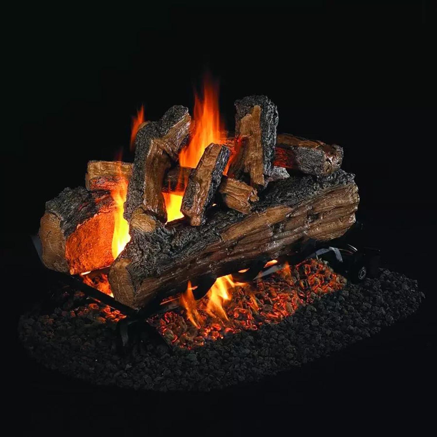 Vented split oak gas logs with burning flames, textured wood logs set