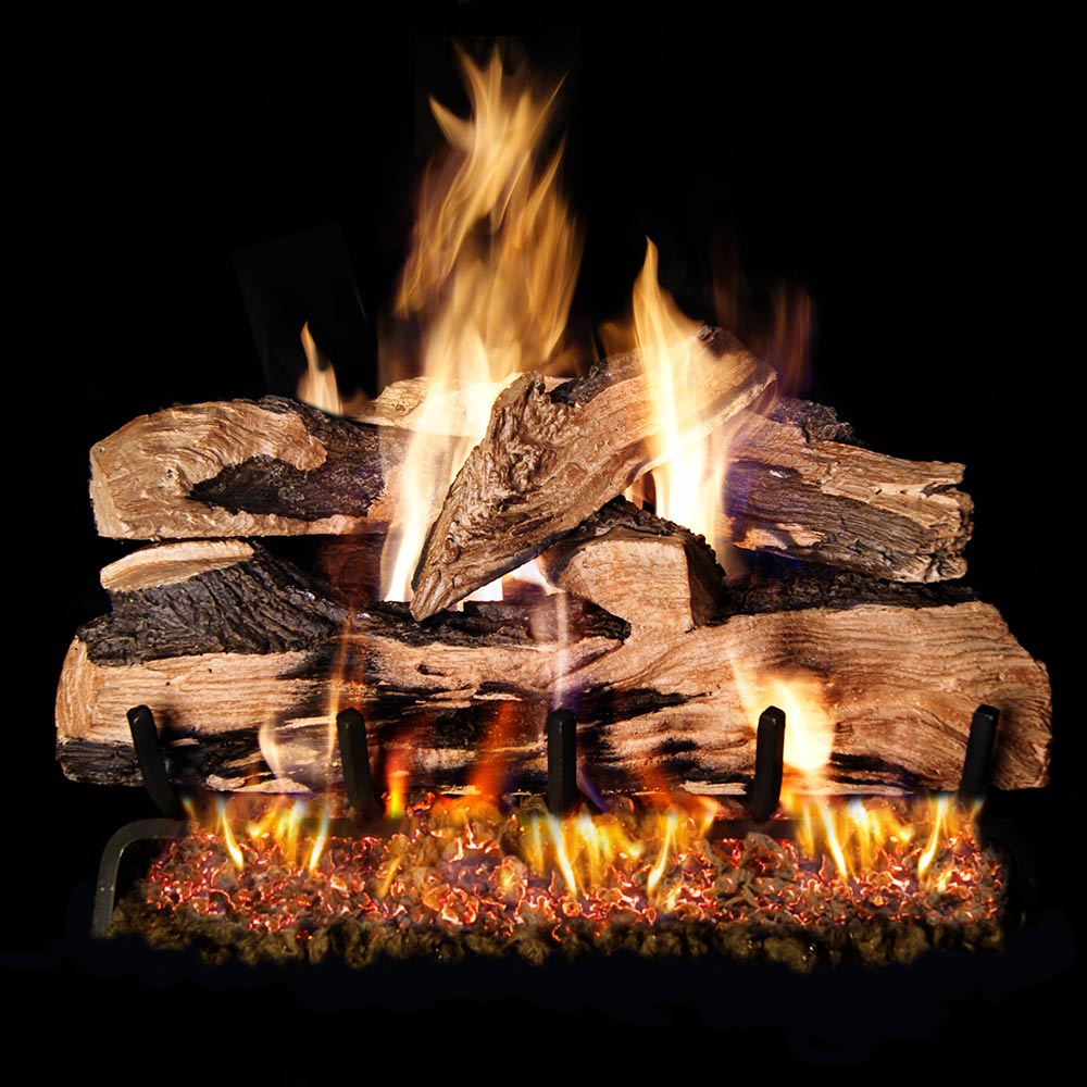 Vented gas log set with split oak logs and active flames over glowing embers