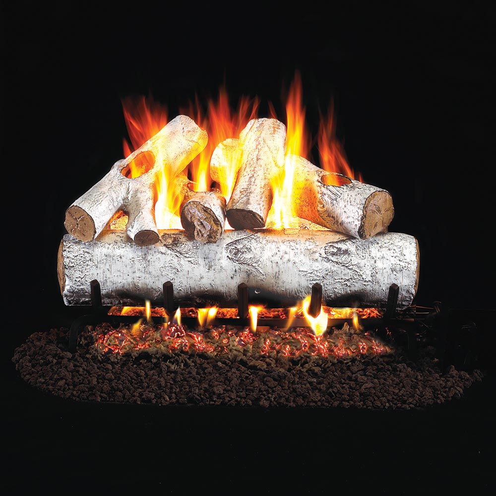 Vented gas log set with tan logs and bright orange flames in a metal burner base