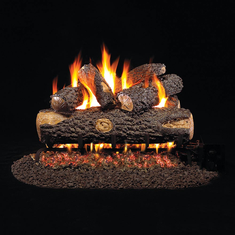 Vented gas logs with glowing embers and orange flames on charred wood