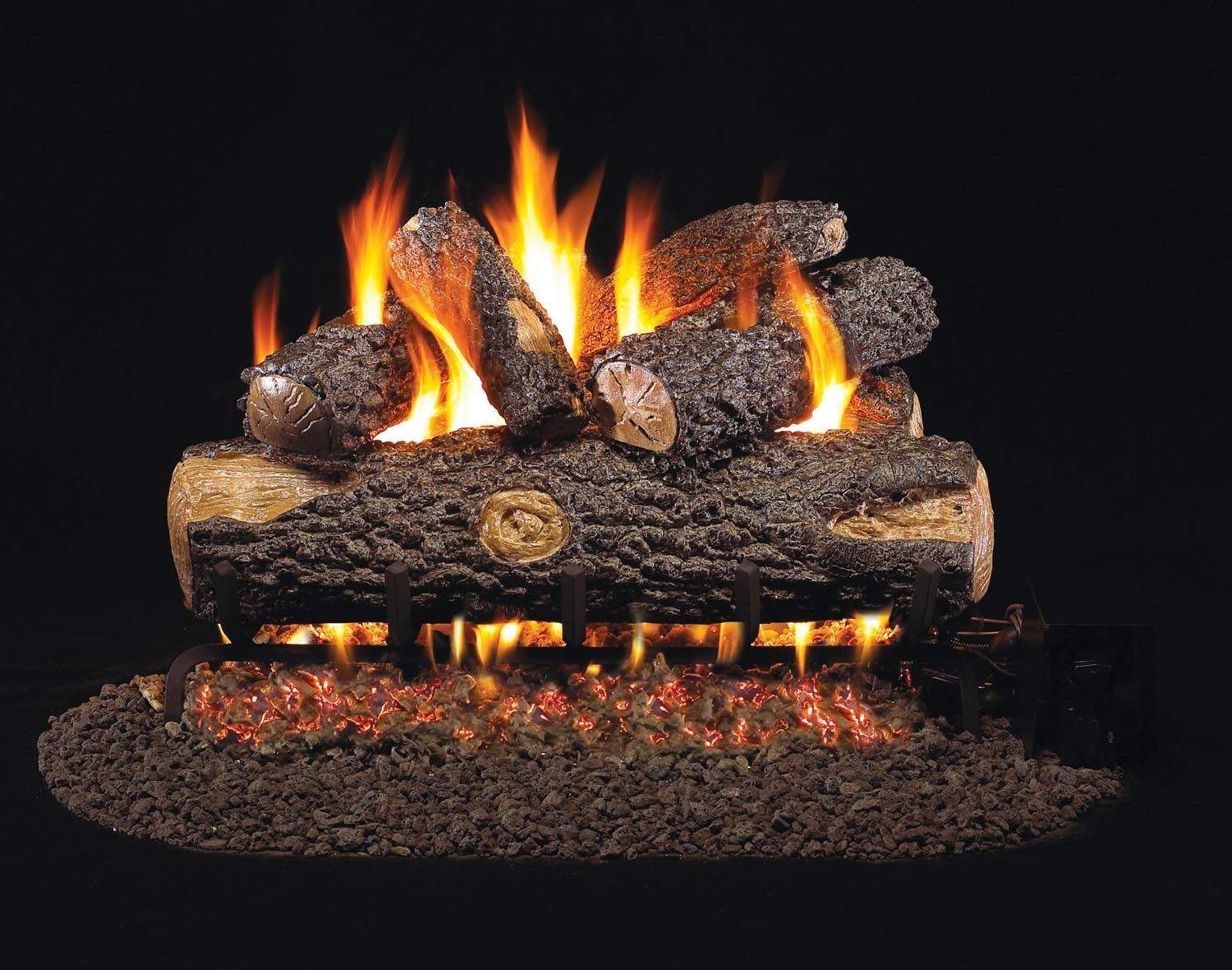 Vented gas log set with burning logs and glowing ember bed