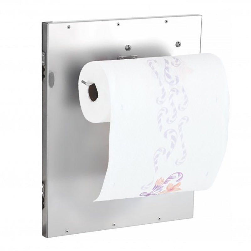 Stainless steel vertical access door towel rack holding a paper towel roll