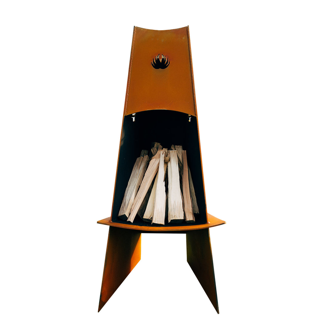 Wood fire pit with stacked split logs inside, triangular orange bowl on three legs