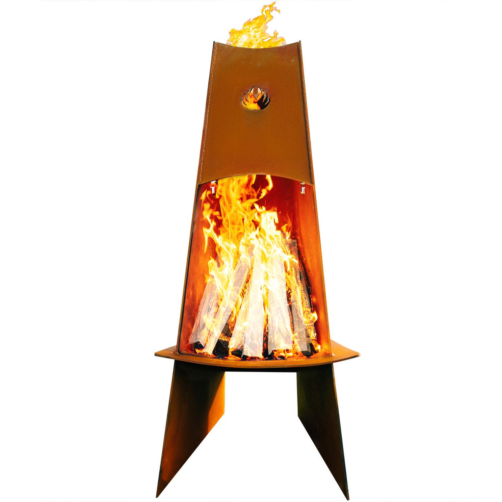 Wood fire pit with burning flames inside, triangular orange fire bowl on three legs