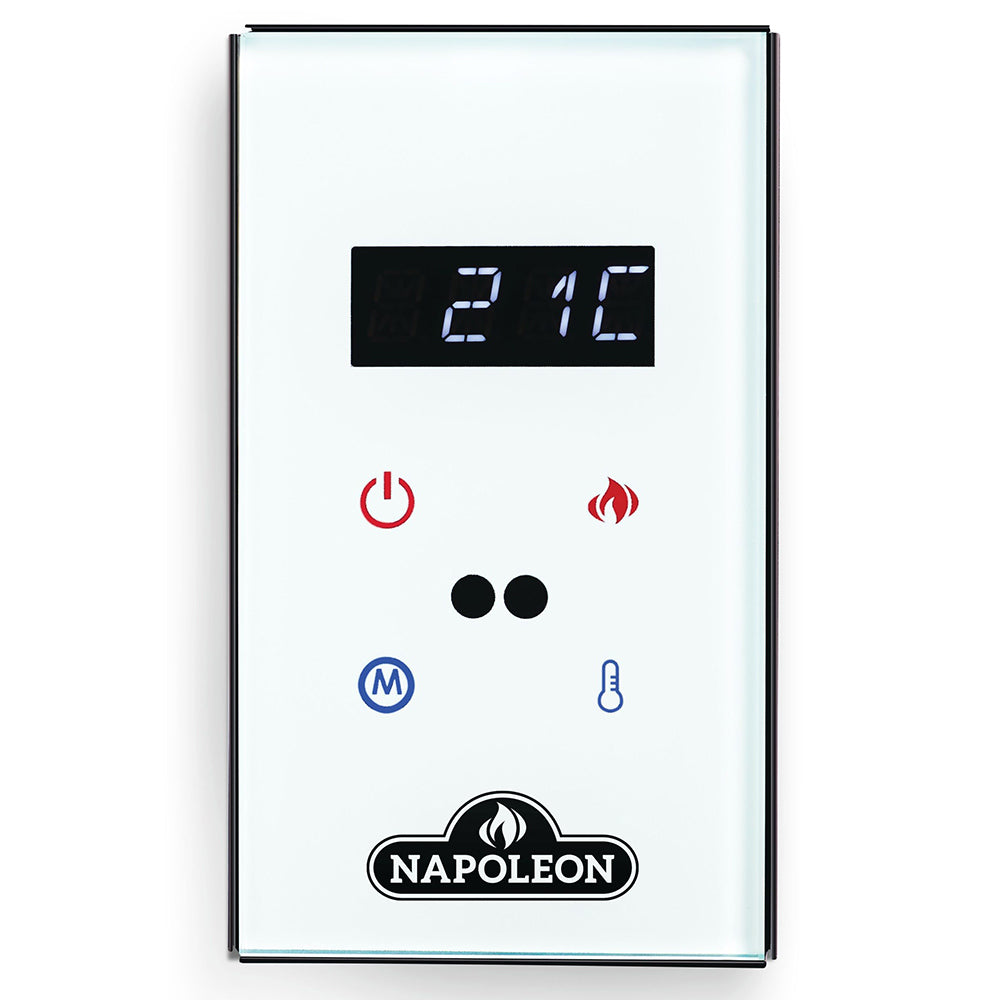 White wall-mounted electric fireplace controller with digital temperature display and icons