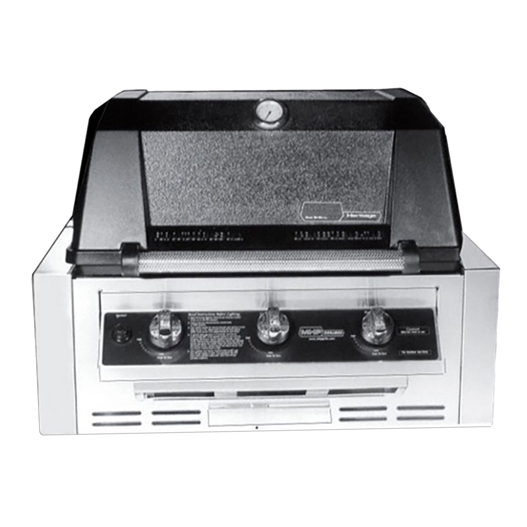 Built-in gas grill control panel with three knobs and ignition controls