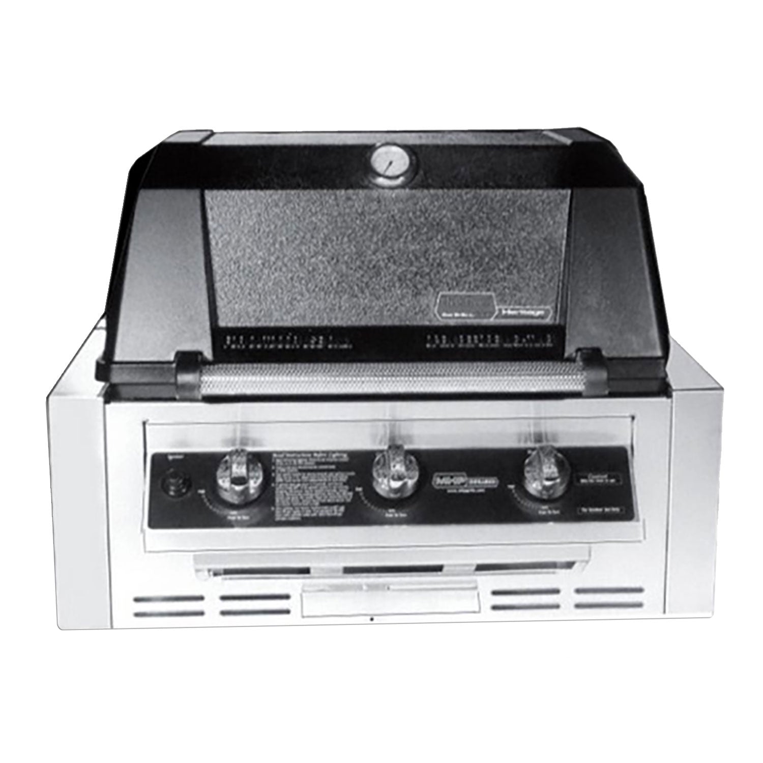27-inch built-in gas grill with open lid and front control panel, stainless steel