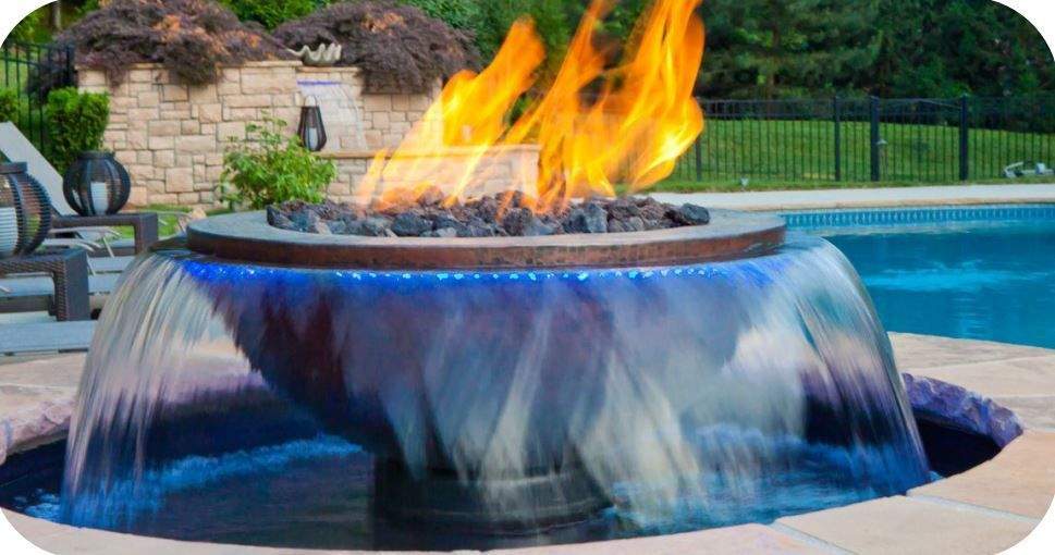 Fire and water bowl insert with tall flame and wide blue water curtain
