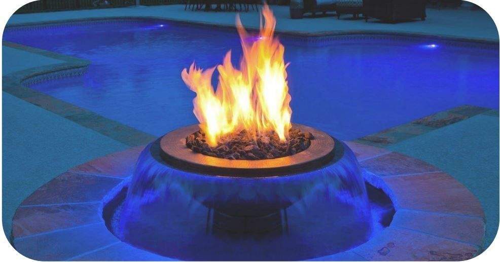 Fire-water bowl insert with central flame and blue-lit water curtain