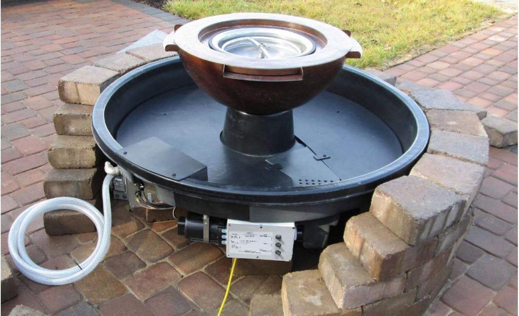 Fire-water bowl insert on patio: rust-brown top bowl, black ring base