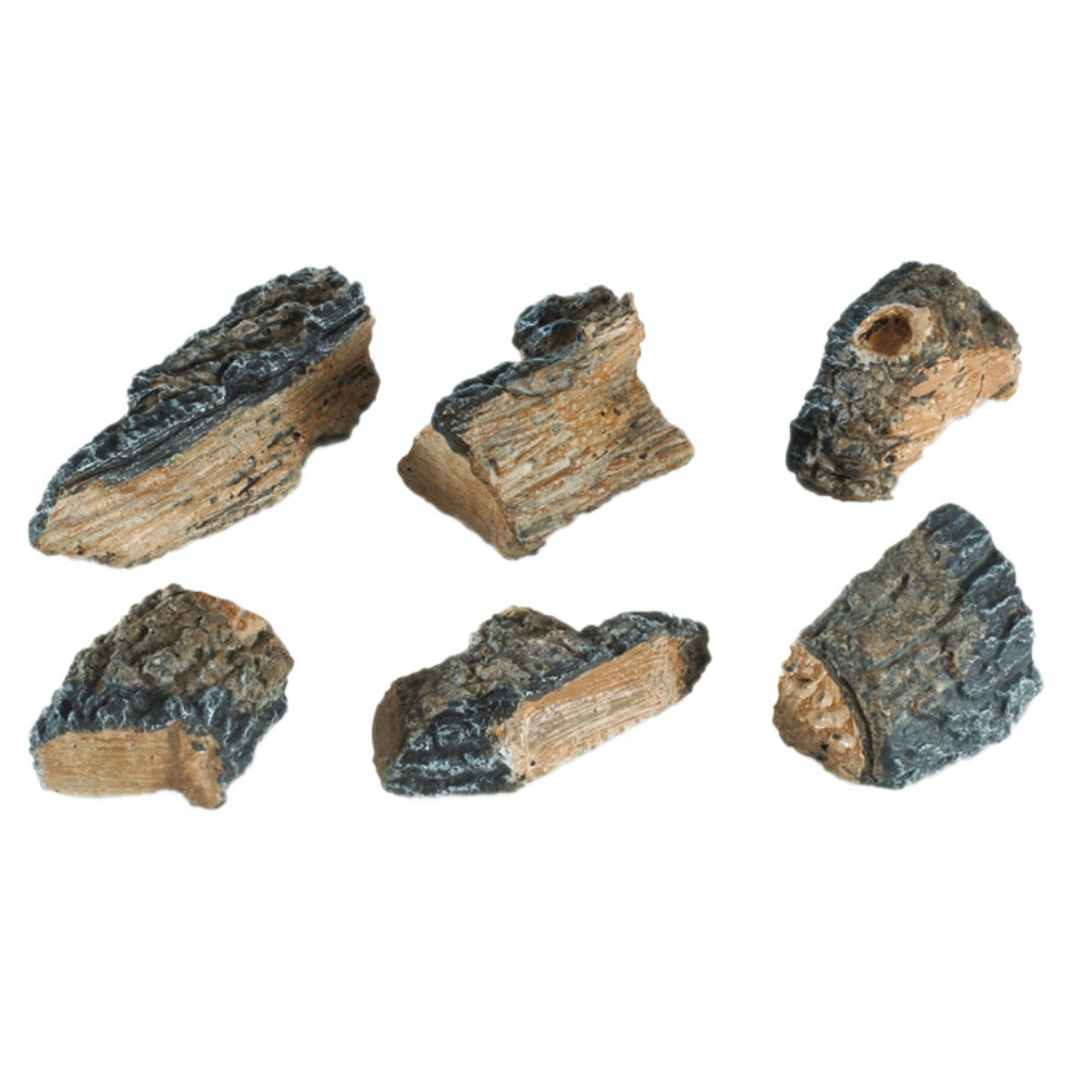 Set of six charred wood chips, dark black and gray bark with light wood interiors