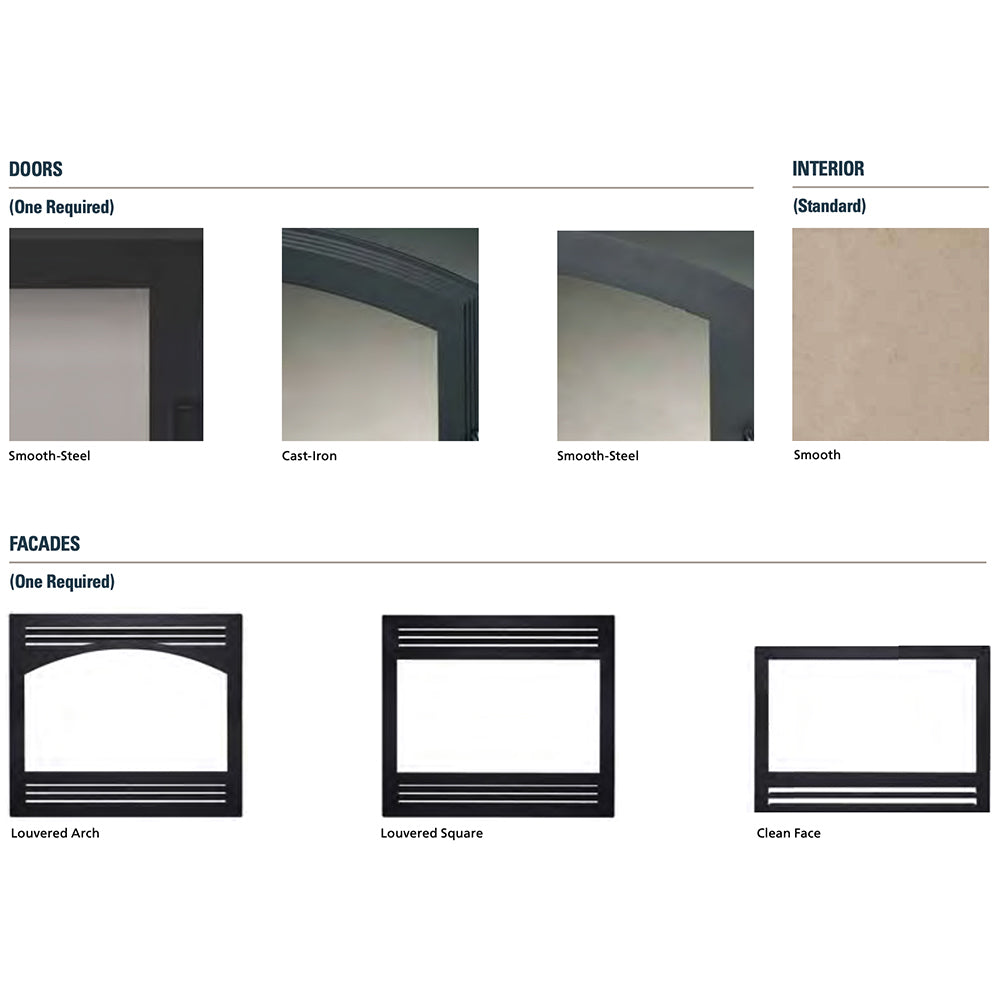 Fireplace front face style options with louvered and clean-face panel designs