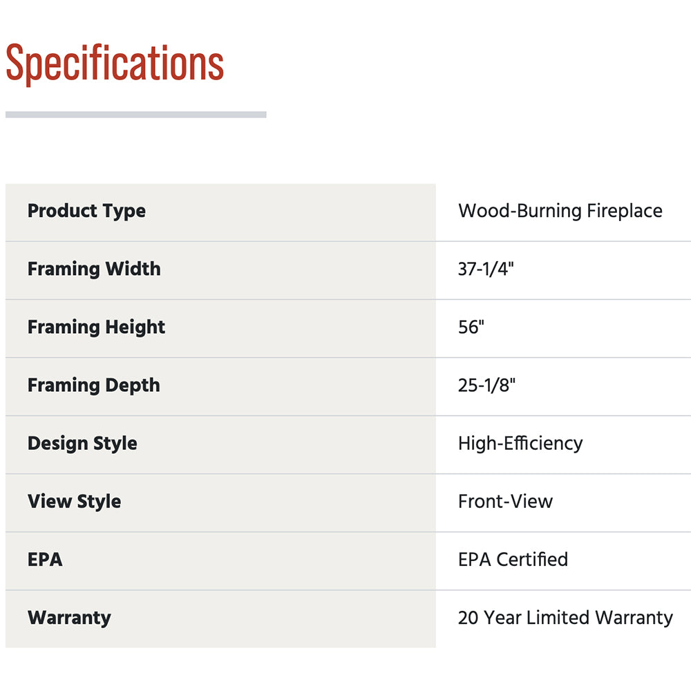 Wood-burning fireplace specifications table with product details