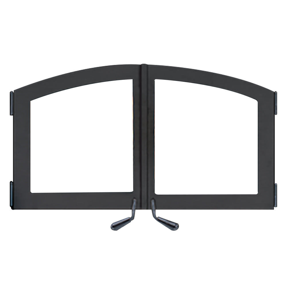 Black double steel fireplace doors with two arched glass panels and center hinge