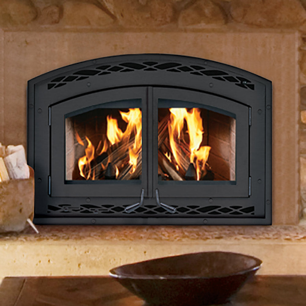 Black catalytic wood-burning fireplace doors with two glass windows and arched frame