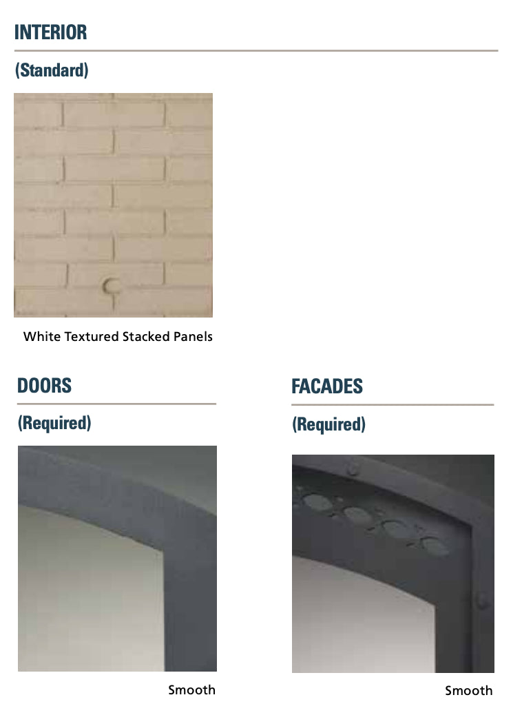 Specification diagram showing white interior panels, smooth doors, and smooth facades