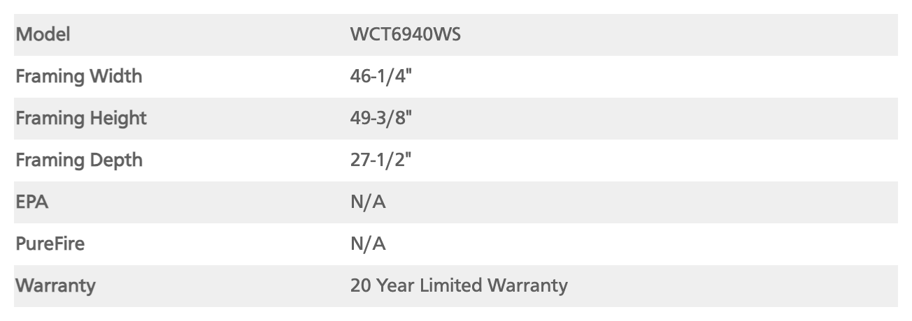 Specifications table for model WCT6940WS with framing width, height, and depth