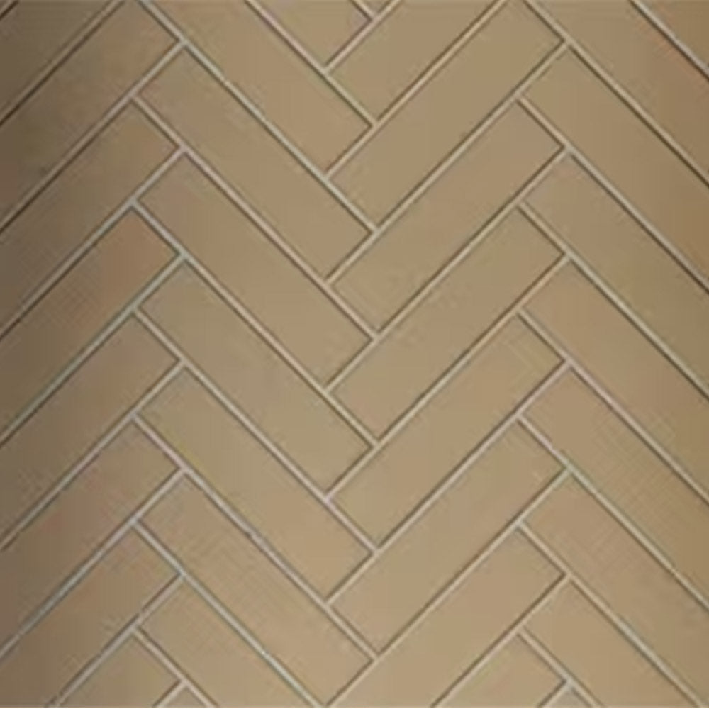 Fireplace hearth extension tile in tan herringbone with light grout lines