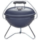 Portable charcoal grill with lid and side handles, slate blue finish, 14-inch size.
