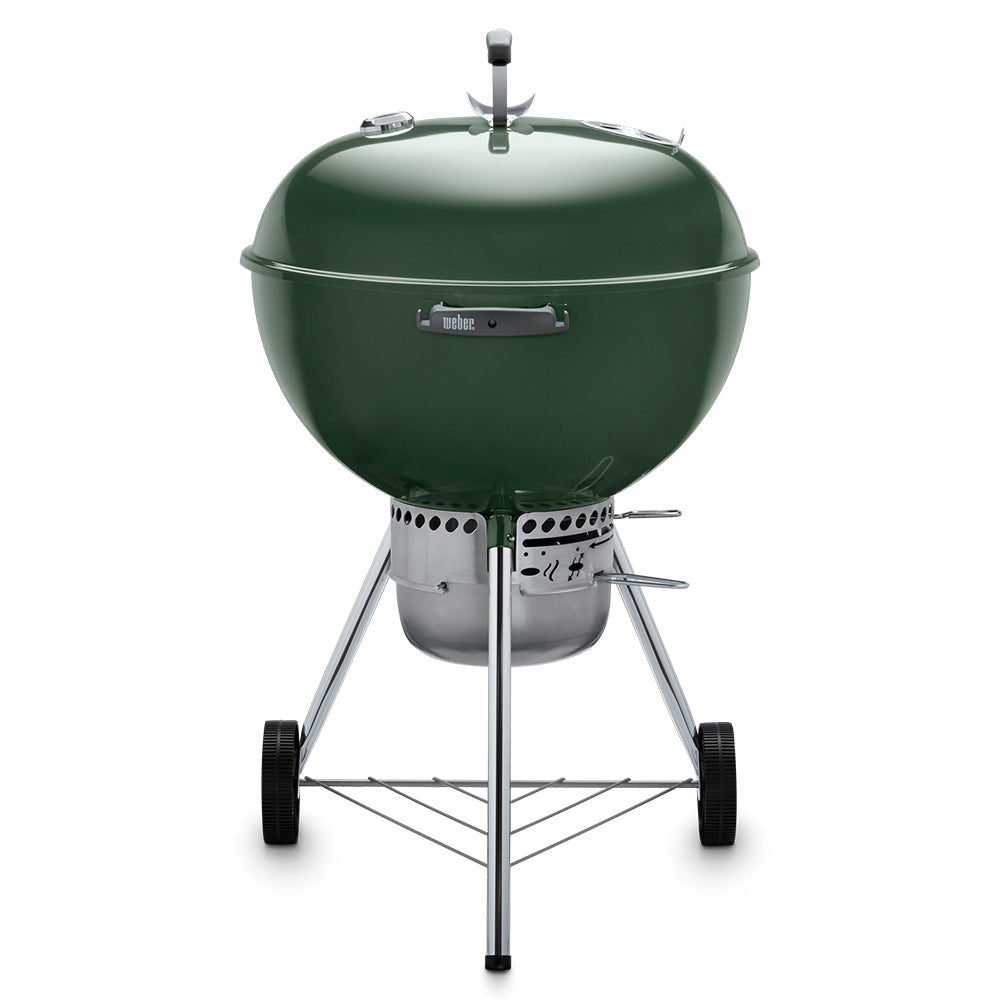 22-inch charcoal kettle grill with green lid and chrome legs