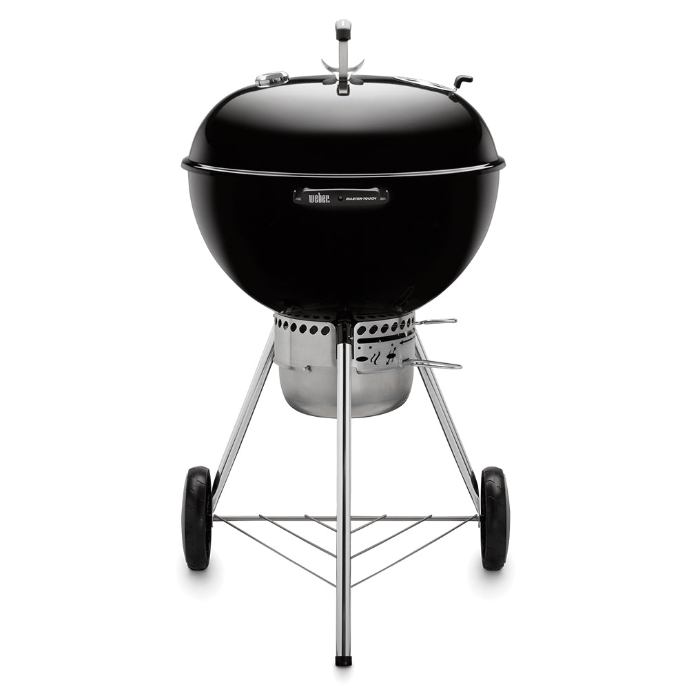 22-inch kettle charcoal grill with black lid and side vents, four legs and wheels