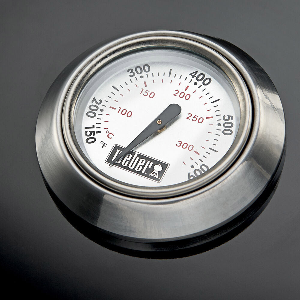 Grill lid thermometer gauge showing 200–400°F on metal bezel