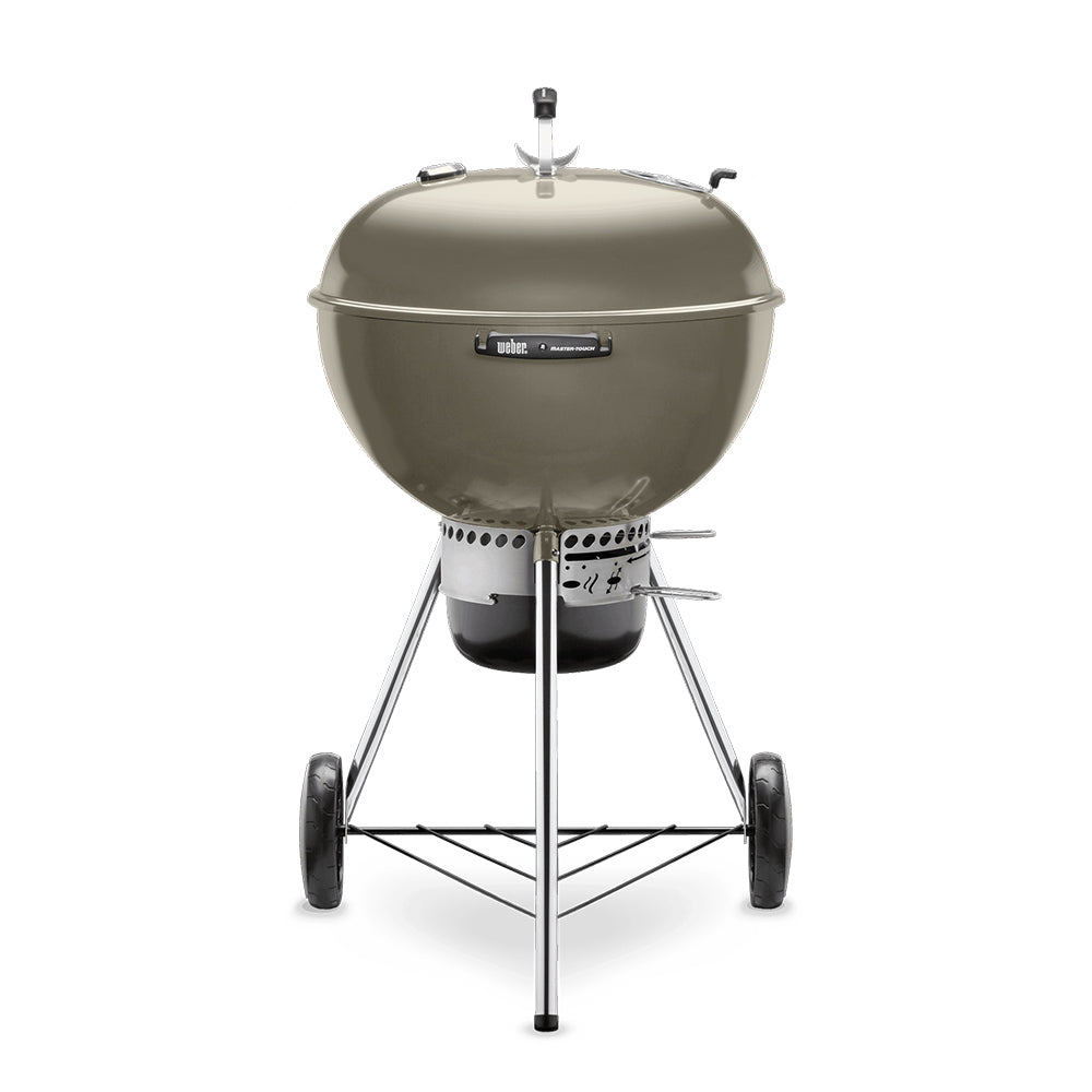 22-inch kettle charcoal grill with tan lid, side vents, four legs and wheels