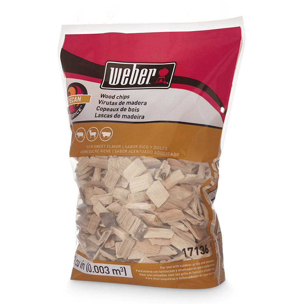 Weber pecan wood chips bag with red label and light wood chips filling