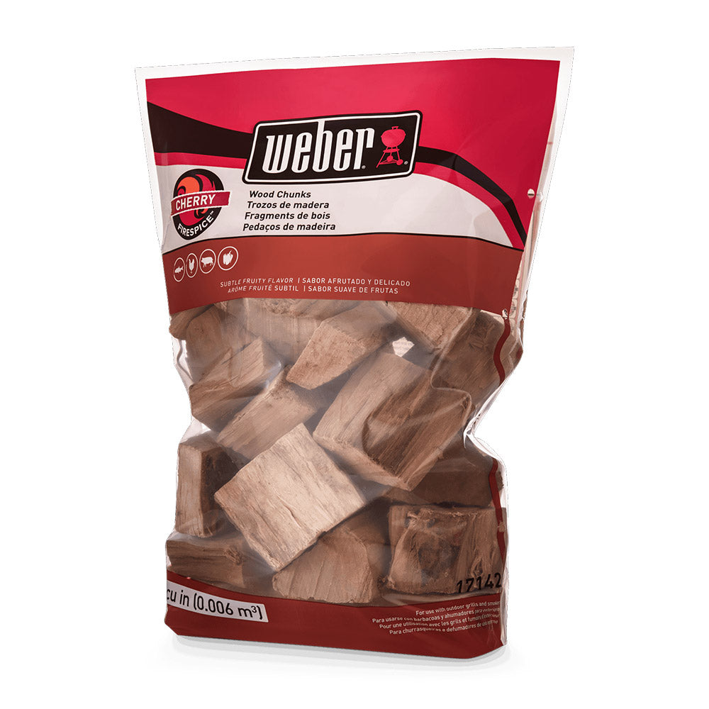 Weber cherry wood chunks in sealed bag, medium brown wood pieces for grilling
