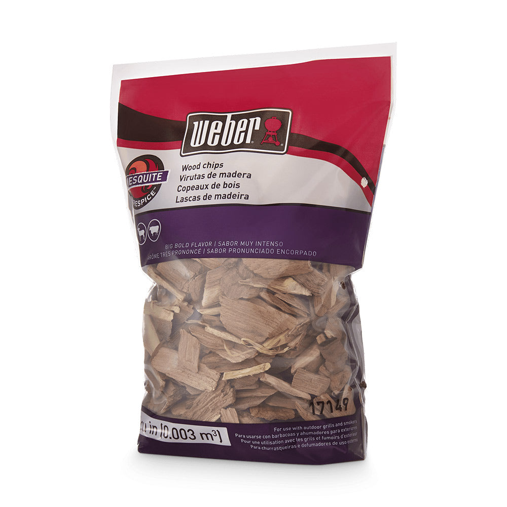 Mesquite wood chips bag, red and purple label with brand Weber