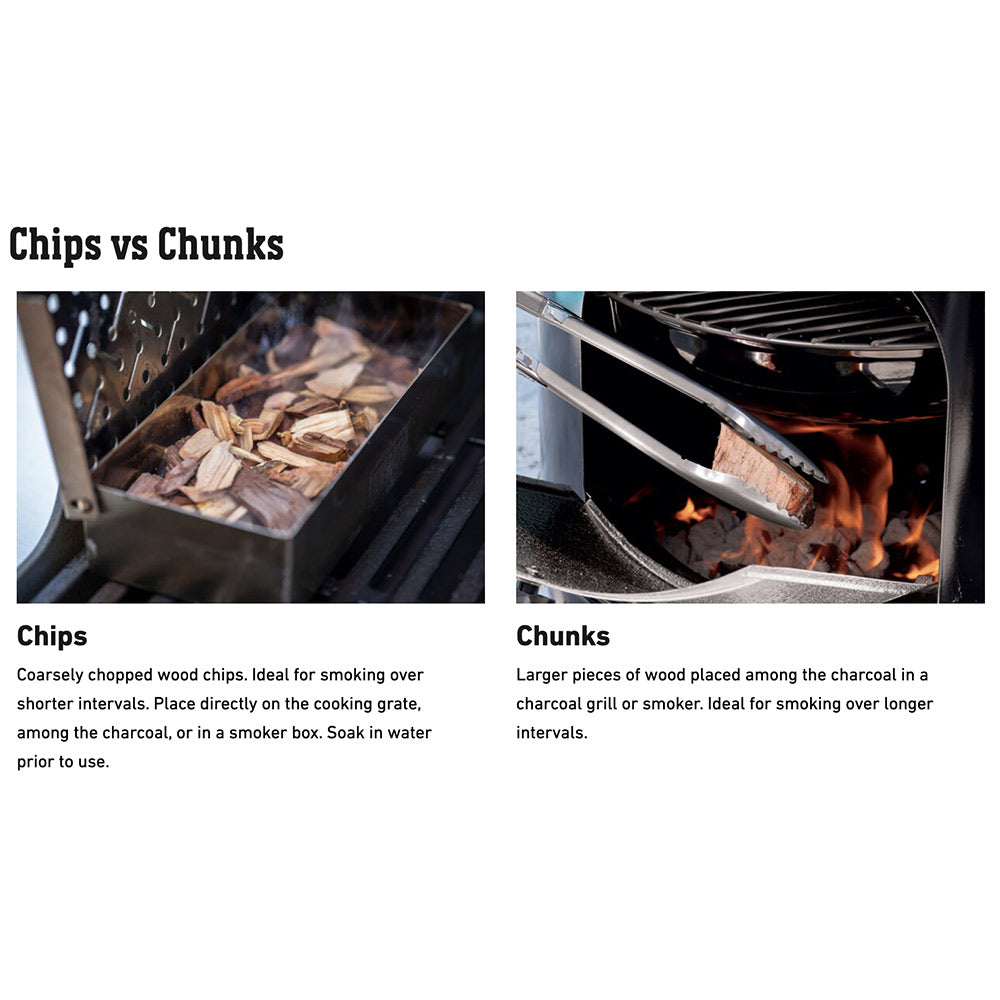 Chips vs chunks guide showing wood chips and larger chunks in grill