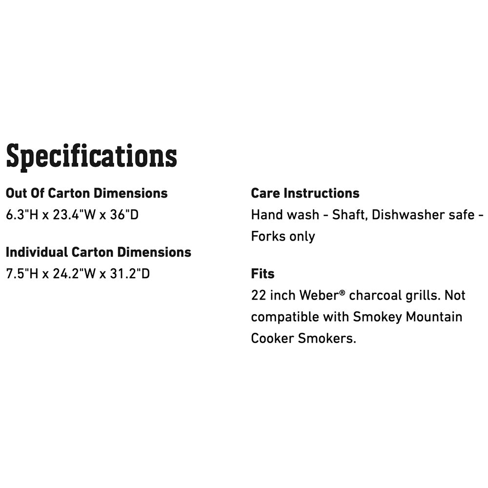 Rotisserie kit specifications panel with dimensions and care instructions text