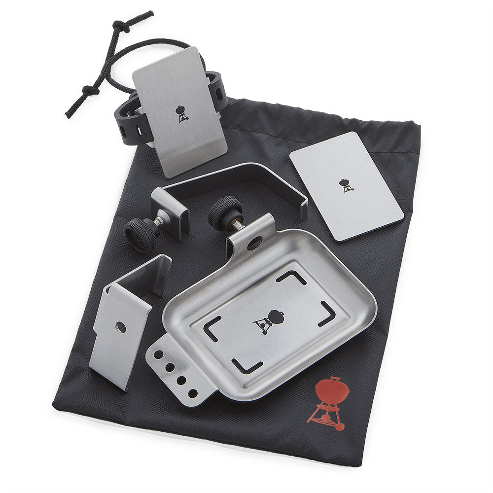 6-piece Weber Connect mounting kit with gray metal brackets and hardware pouch