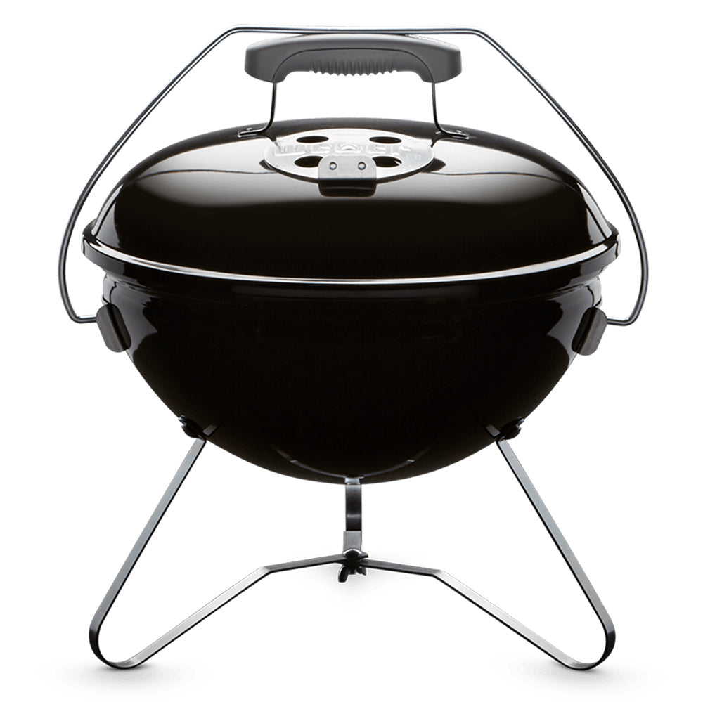 Portable charcoal grill with lid and side handles, dark black finish, 14-inch size.