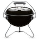 Portable charcoal grill with lid and side handles, dark black finish, 14-inch size.