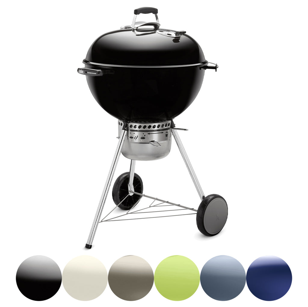 22-inch charcoal grill on wheeled legs, black lid and side handles