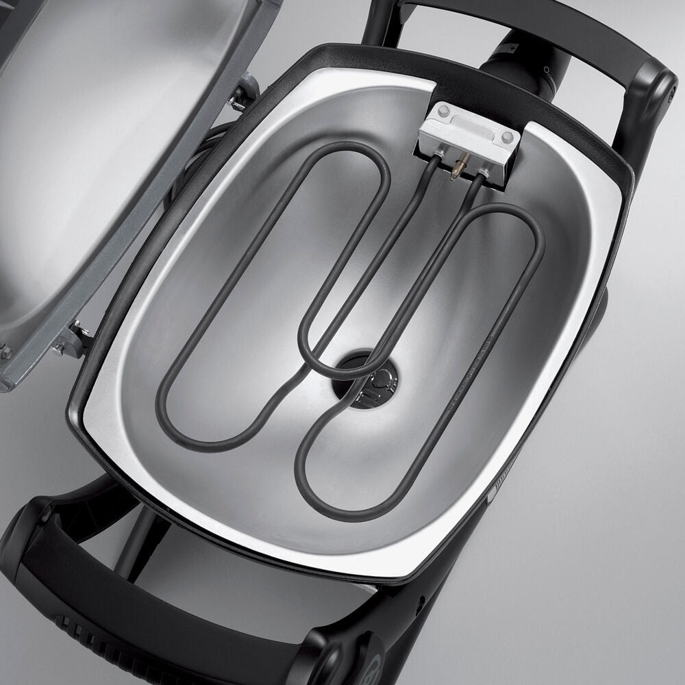 Electric grill base with curved heating element and power cord
