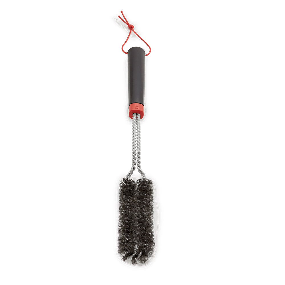 18-inch detail brush with black bristled head on coiled wire handle, red grip