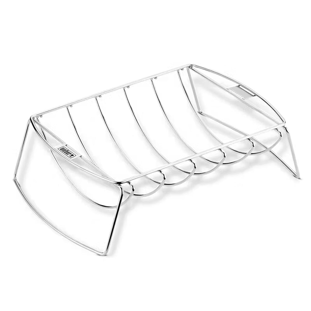 Stainless steel barbecue rack with curved wire frame and hanging hooks