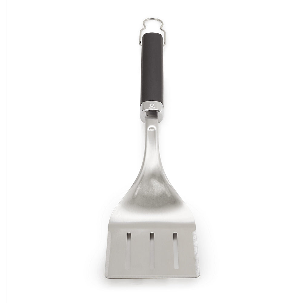 Barbecue spatula with gray handle and stainless steel wide turner blade
