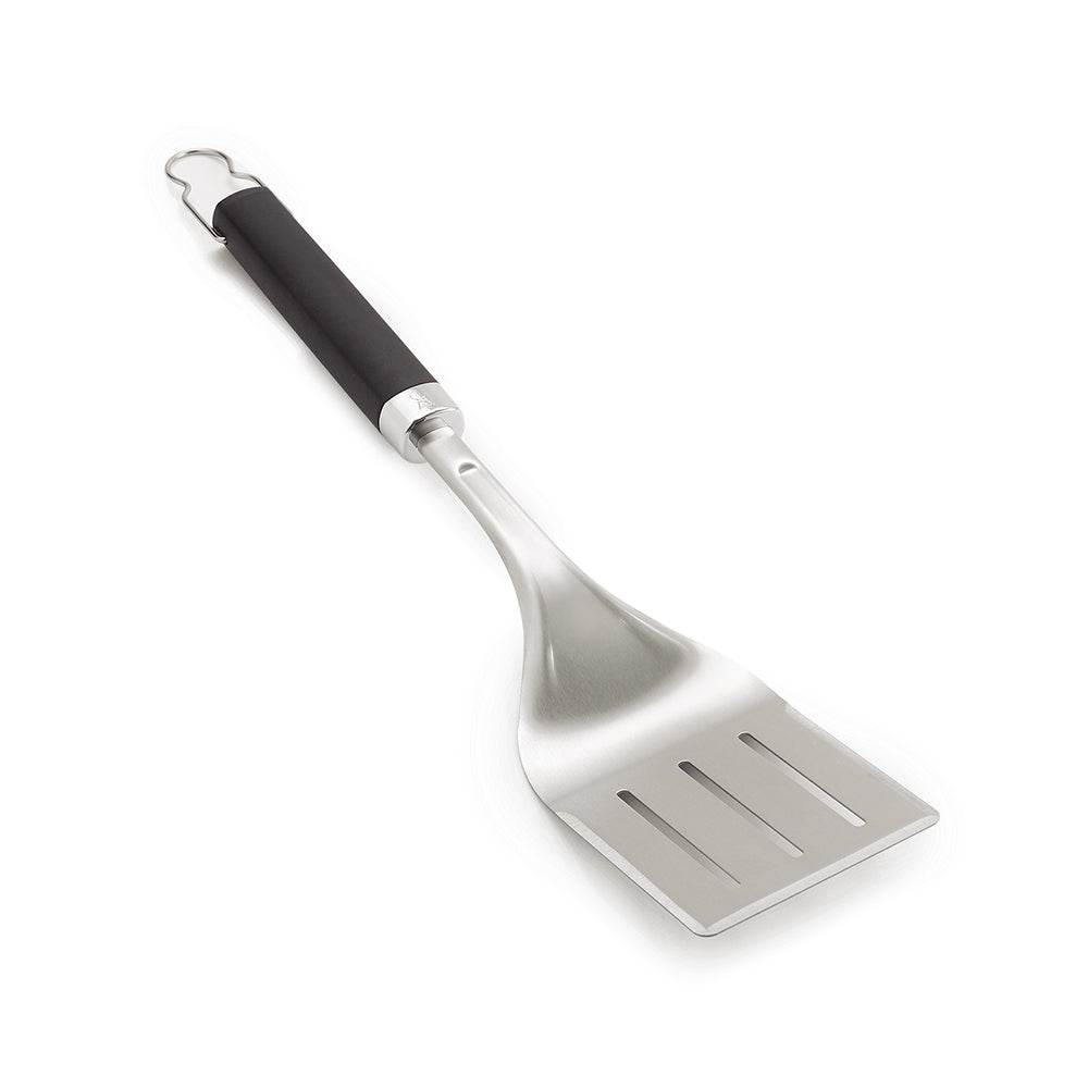 Barbecue spatula with angled stainless steel blade and black comfort handle