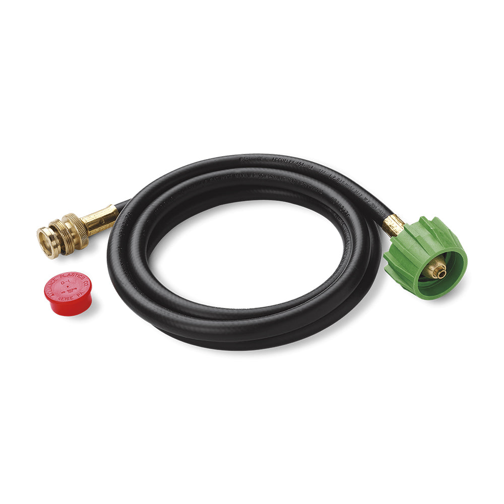 Dark rubber adapter hose with brass fittings and green connector end