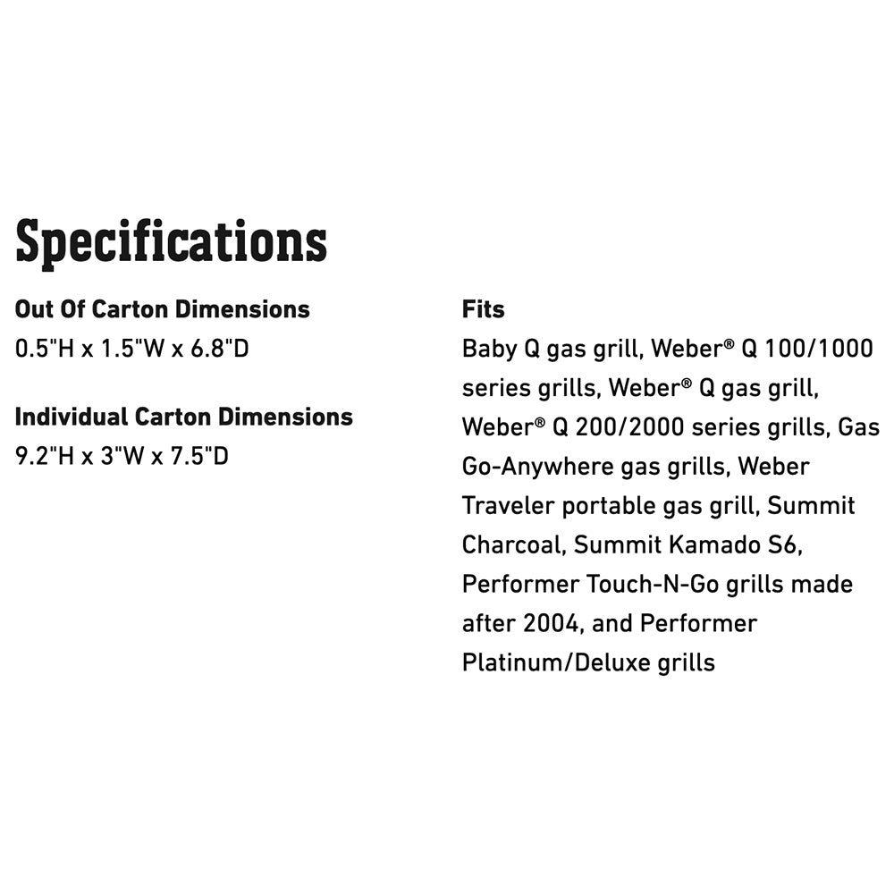 Specifications for gas grill adapter hose: dimensions and compatible Weber models