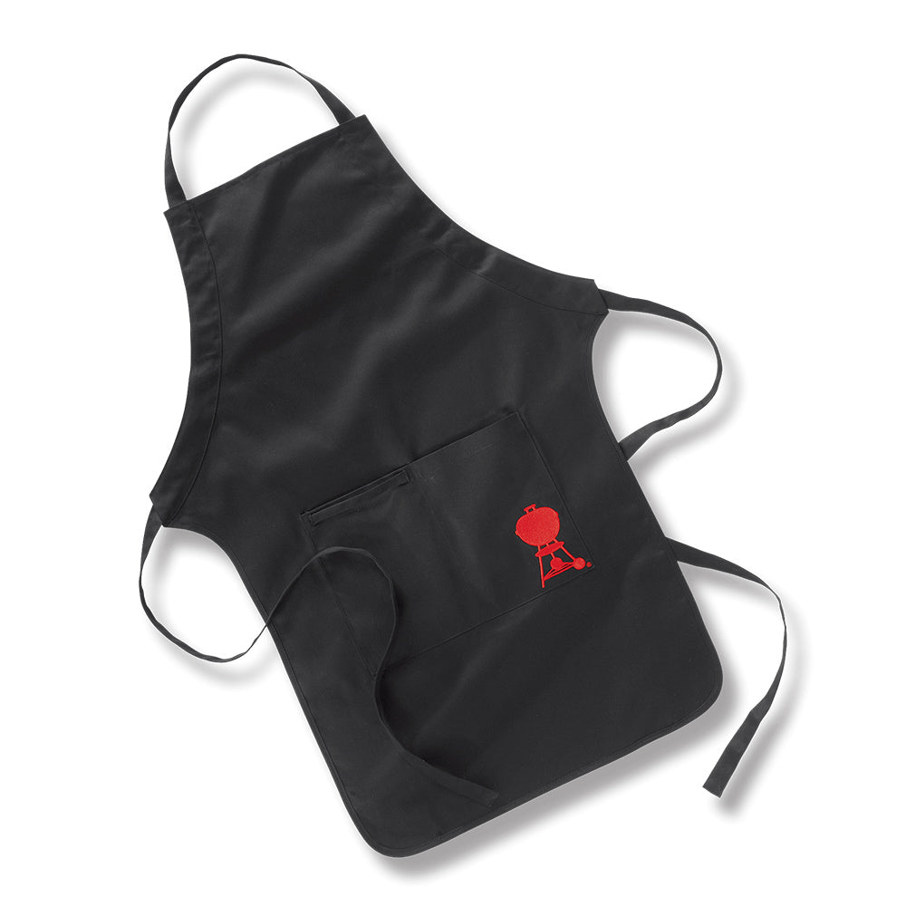 Weber black apron with front pocket and red logo