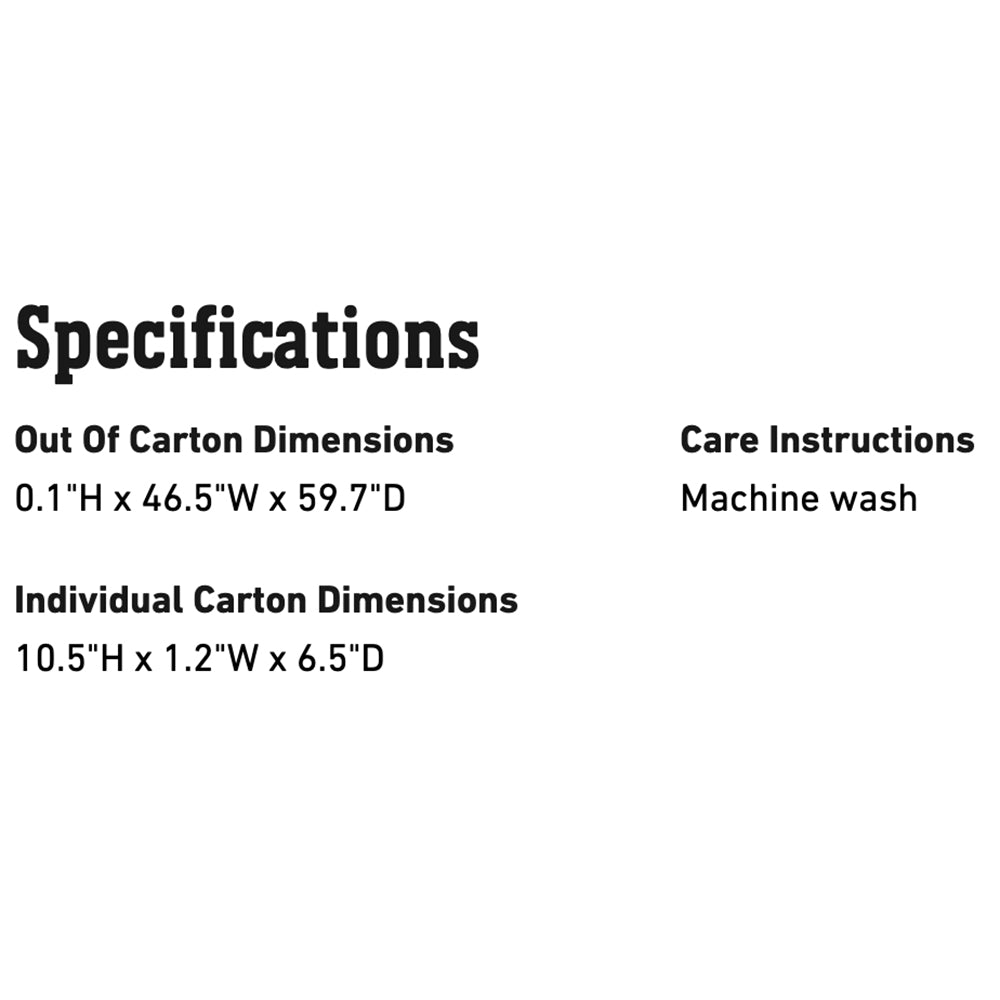 Specifications card: out of carton dimensions and machine-wash care instructions