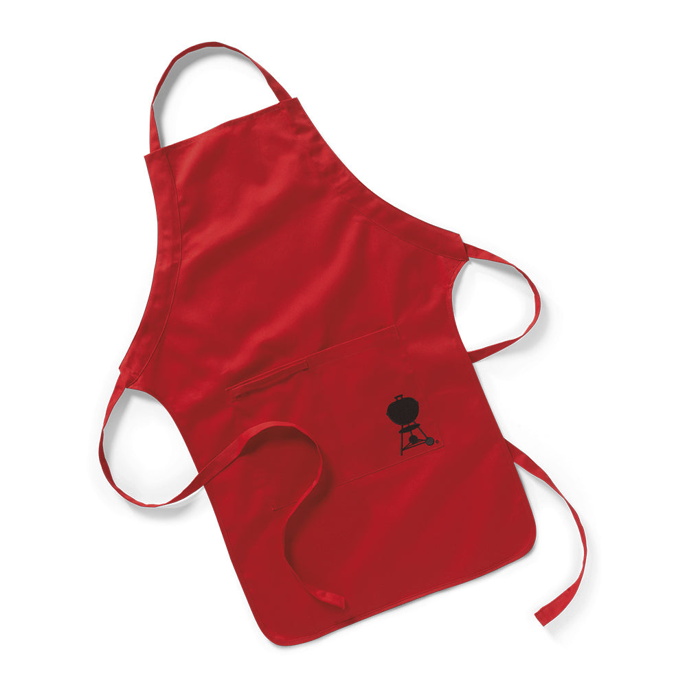 Red Weber apron with front pocket and adjustable neck straps