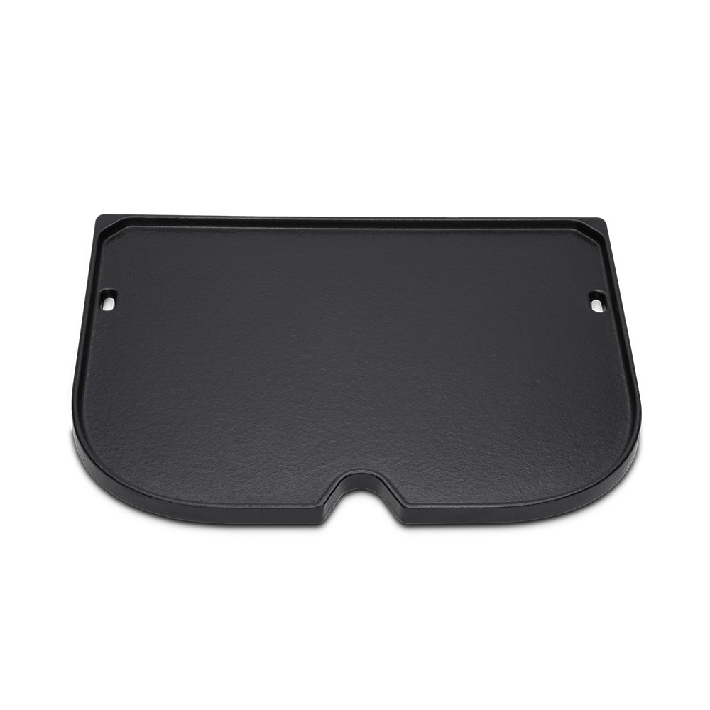 Black griddle plate with central side notch and two mounting holes, flat cooking surface