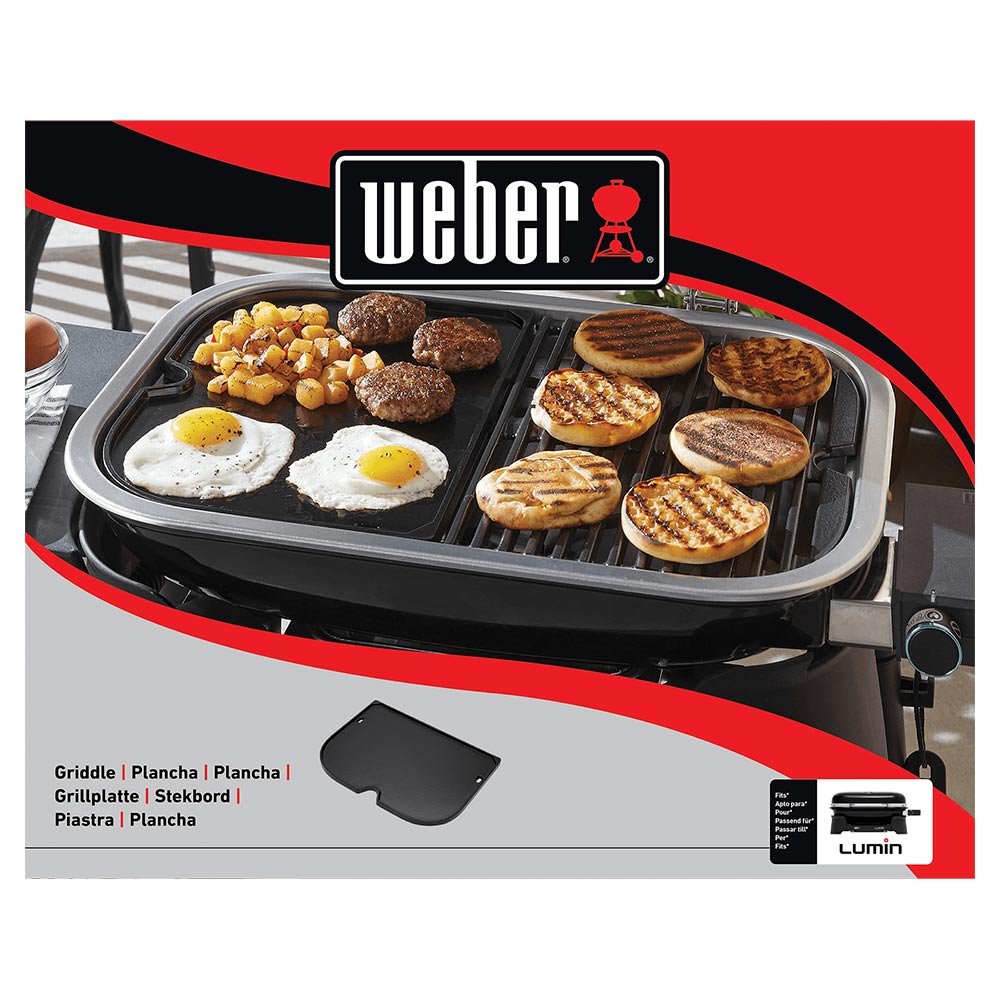 Weber griddle for Lumin grills product box with grill and food graphic
